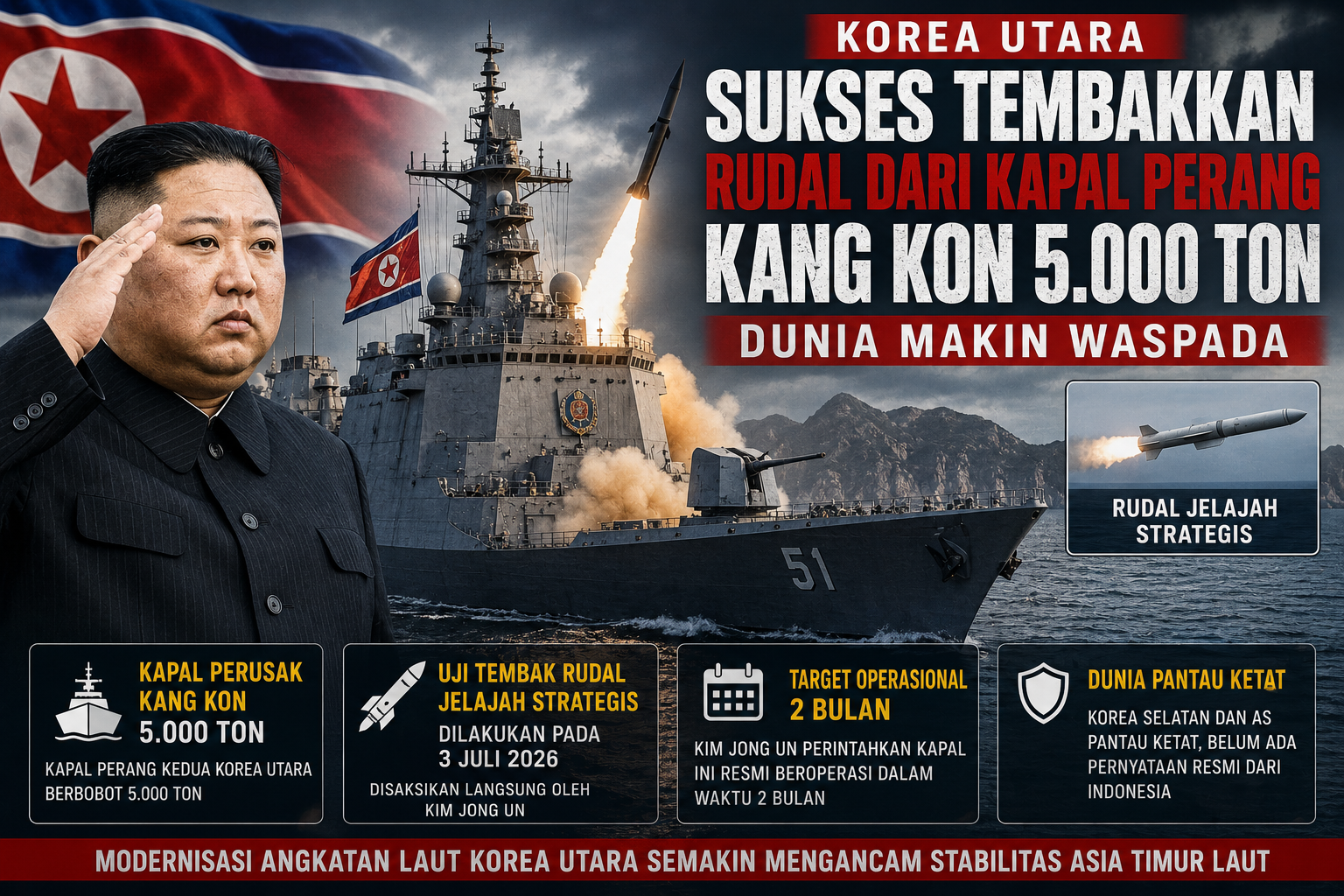 Korea Utara Sukses Tembakkan Rudal dari Kapal Perang Kang Kon 5.000 Ton, Dunia Makin Waspada