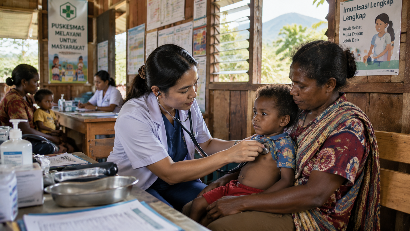 Dokter muda memeriksa kesehatan anak-anak dan warga sipil di fasilitas pelayanan dasar pedalaman Papua.