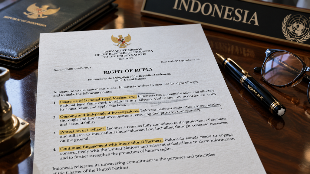 Naskah resmi dokumen hak jawab diplomatik Kementerian Luar Negeri RI di meja delegasi New York.