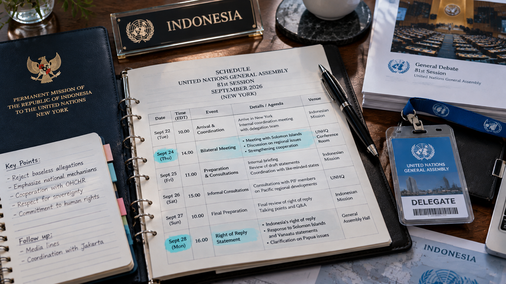 Lembaran matriks kronologi diplomasi multilateral dan catatan bilateral Menlu RI di meja sekretariat.