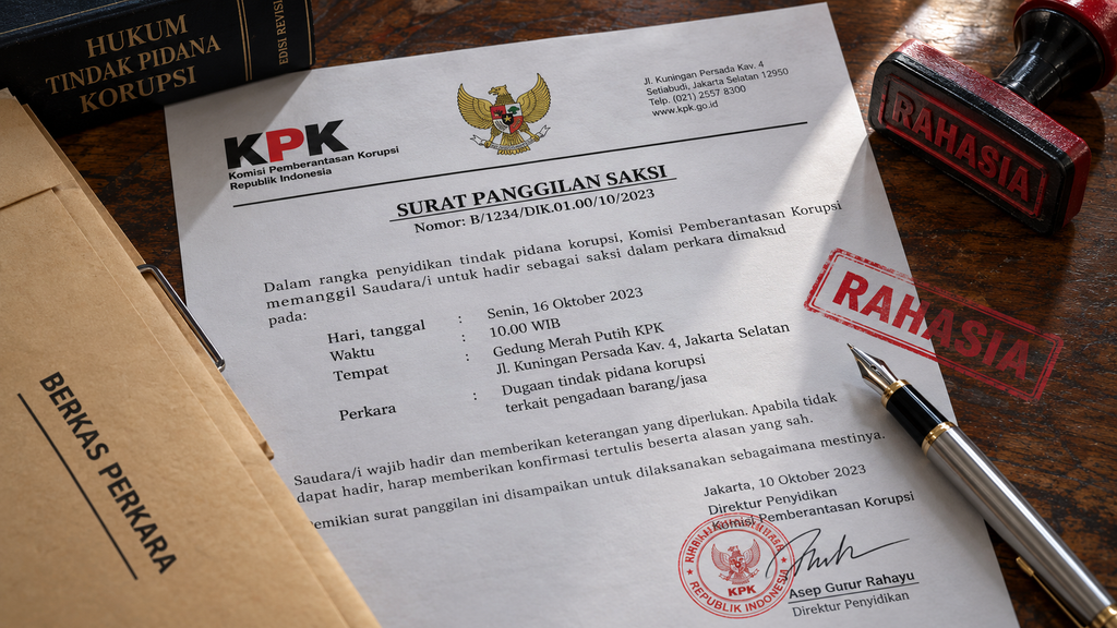 Salinan dokumen Surat Panggilan Saksi berlambang garuda di atas meja kayu ruang pemeriksaan KPK.
