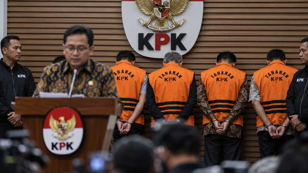 Penyidik KPK menggiring sejumlah tersangka kasus suap pertanahan yang mengenakan rompi tahanan oranye pada konferensi pers.