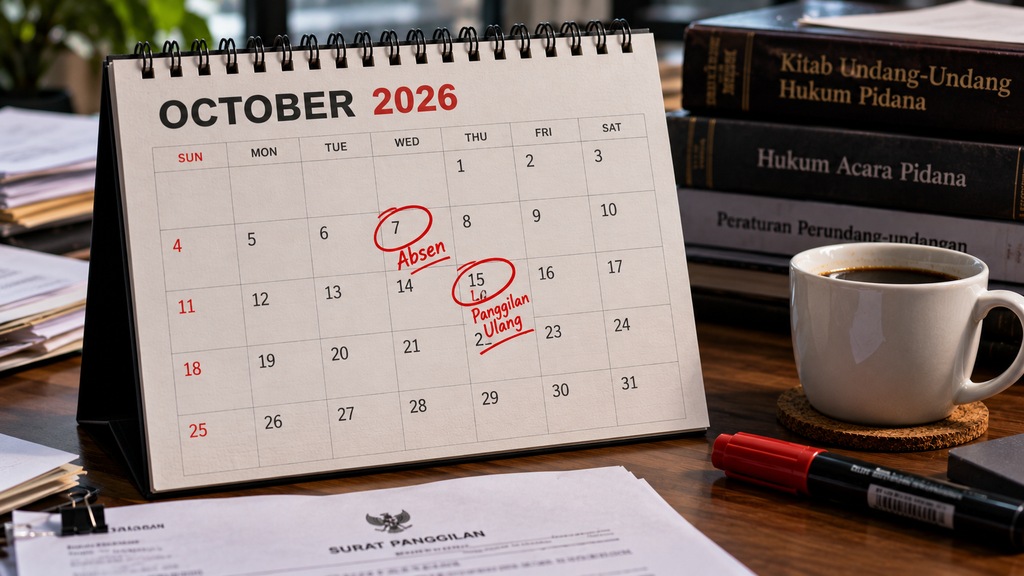 Kalender meja yang menandai jadwal pemanggilan awal pada 7 Oktober dan penjadwalan ulang pada 15 Oktober 2026.