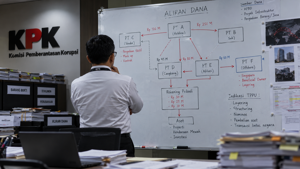 Penyidik KPK sedang menganalisis bagan struktur aliran dana korupsi di papan tulis untuk mendalami peran para saksi.